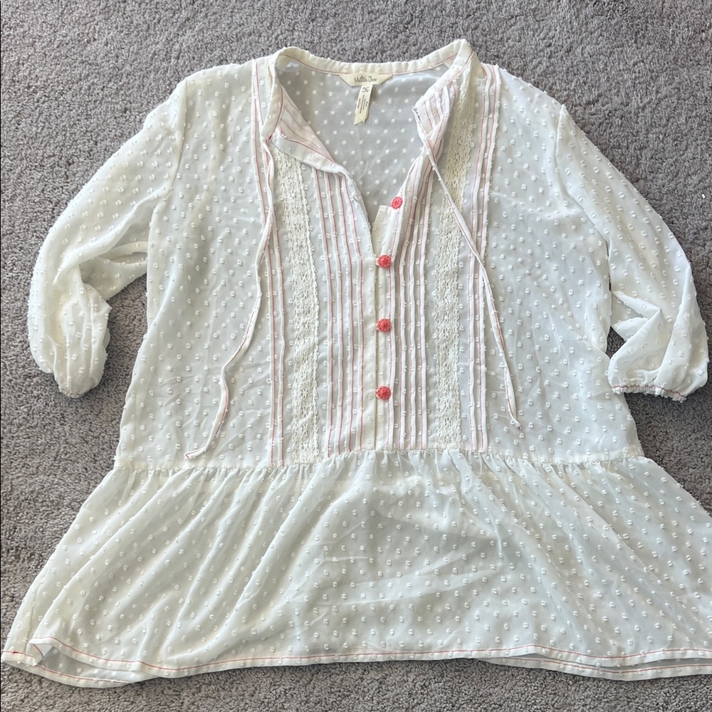 Matilda Jane Swiss dot Light the Way ivory and coral top